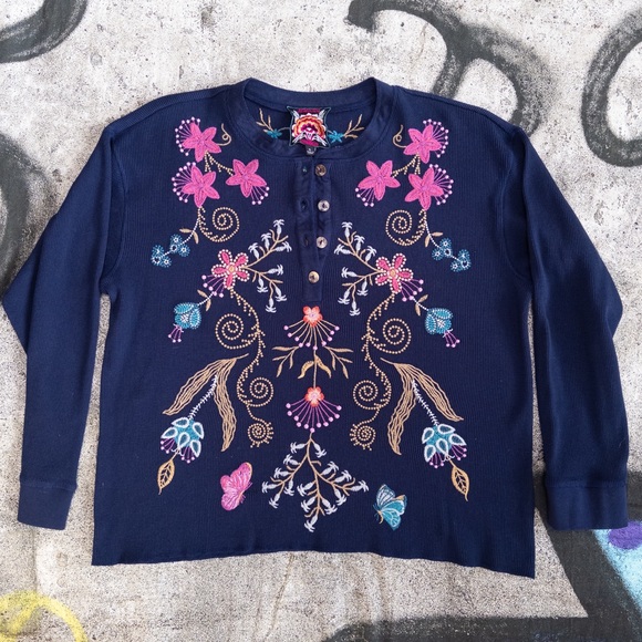 Johnny Was Sisa Navy Floral Embroidered Thermal Waffle Knit Henley Top, XL - Picture 5 of 9